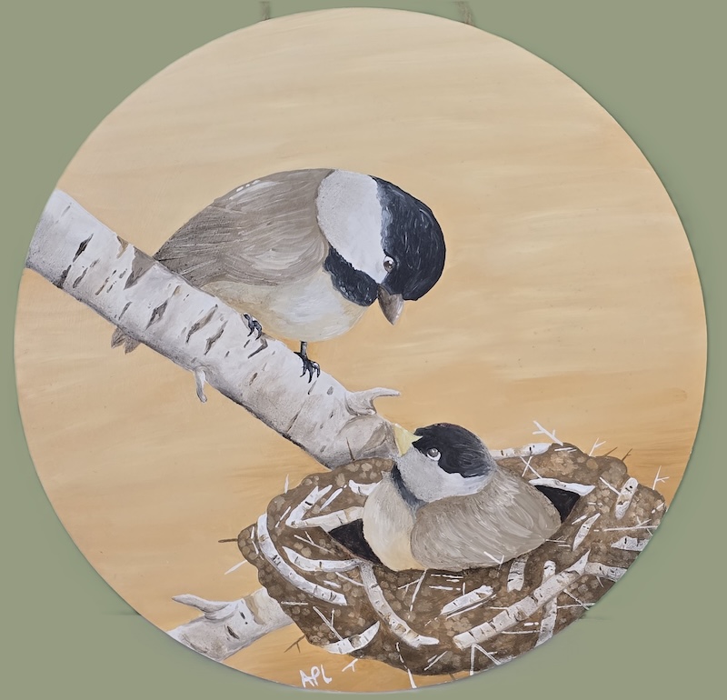 painting of two chickadees
