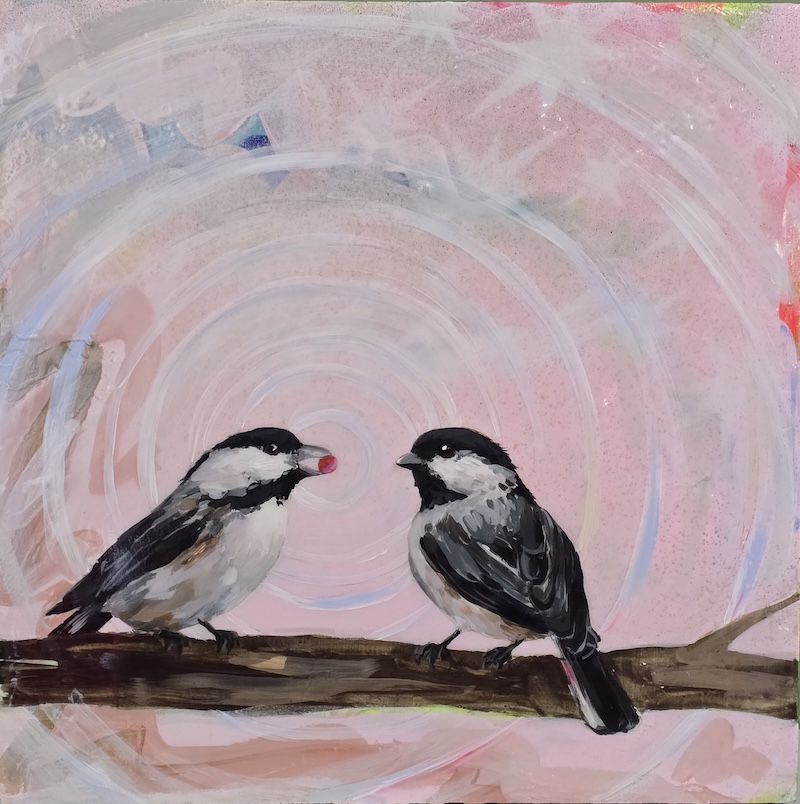 painting of two chickadees